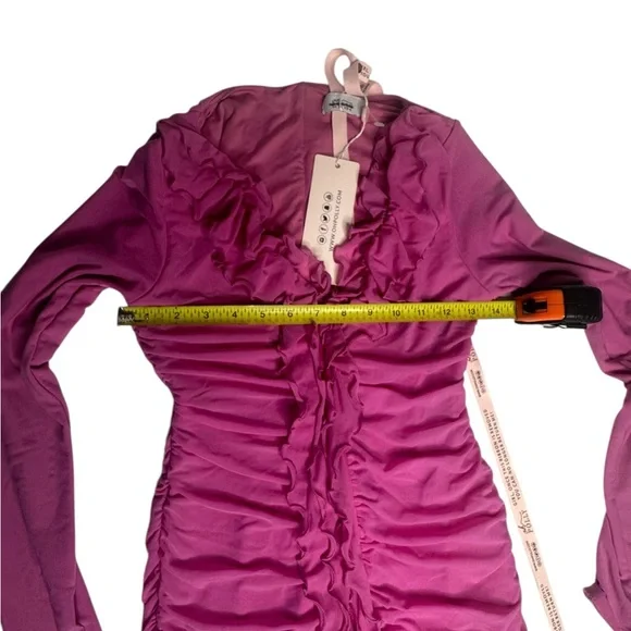 NWT Oh Polly Yara Hot Pink Long Sleeve Ruched Mini Bodycon Dress 6 - Picture 8 of 11